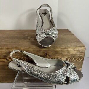 Bata Glitter Bow Slingback Heels SZ 9 Silver Formal Low Wedge Prom Y2K Retro VTG